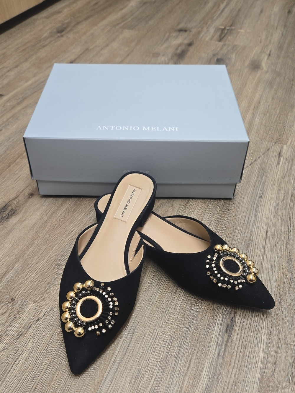 ANTONIO MELANI Black Pointed-Toe Embellished Mules